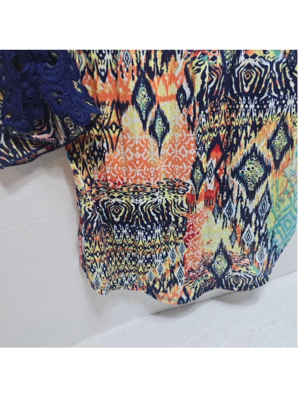 Women's Inspire Multi-color Blouse with Blue Crochet Sleeves, Size S - Picture 8 of 8